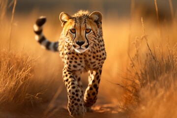 a guepard in african grassland walking towards the camera slowly