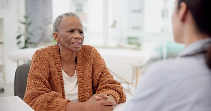 Woman, doctor and senior patient with throat pain in consultation for injury or relief at the hospital. Elderly female person talking to medical healthcare expert with flu or illness at the clinic