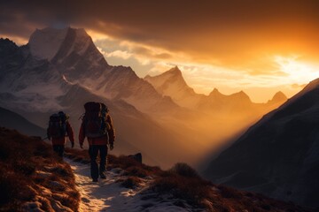 Fototapeta premium alpinists hiking in the mountains of the himalayas at sunset