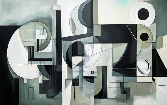 abstract painting, Tranquil Cubist depiction of nature using a monochromatic color scheme, geometric shapes, and a symmetrical composition with a dripping technique | Generative AI
