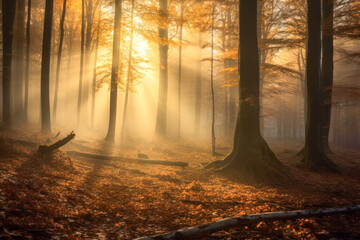 Autumn forest landscape in sunlight