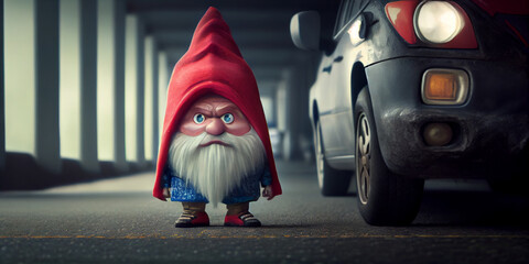 A magical dwarf stands next to a car in an underground parking lot. Generative AI