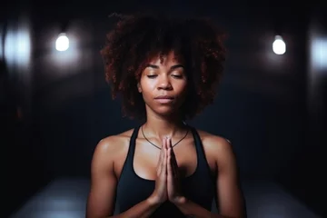 Foto auf Acrylglas portrait, gym and black woman on a yoga mat ready to workout, relax and meditate in wellness © stickerside