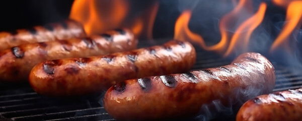 Barbecue juicy sausage on grill fire with smoke on black background - obrazy, fototapety, plakaty