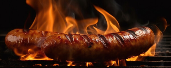 Barbecue juicy sausage on grill fire with smoke on black background - obrazy, fototapety, plakaty