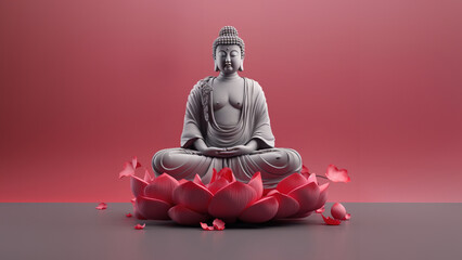  Buddha standing on lotus flower on pastel red background
