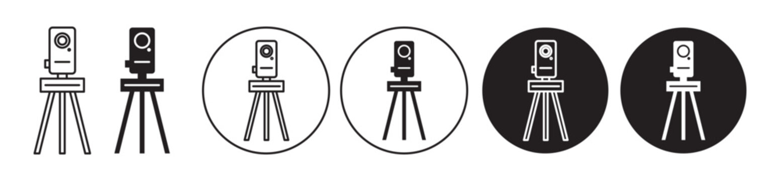 Theodolite icon set. land survey surveyor laser equipment. building construction surveying camera with tripod vector symbol. 