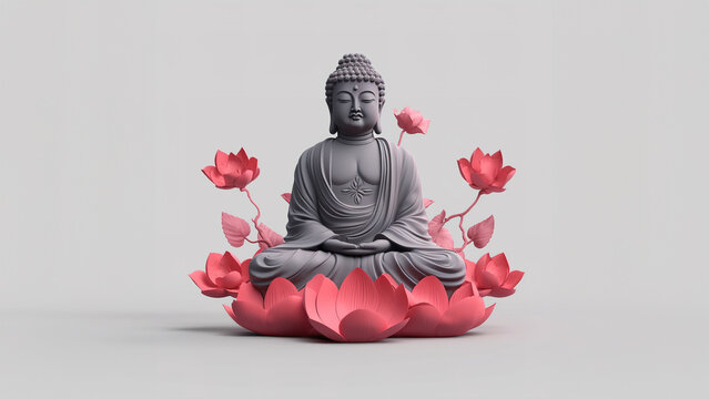  Buddha standing on lotus flower on gray background
