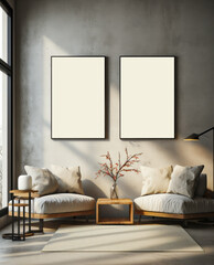 Two vertical frames art mockup living room brick wall art display