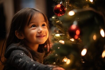 Smiling little girl is excited as she decorates the Christmas tree. Generative AI