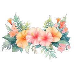 Fototapeta na wymiar Watercolor Tropical flowers and leaves clipart, decorative frames, wreath, Tropical plants, Jungle clipart, Hawaii wedding, Greenery Clipart, PNG.