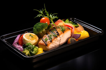 A black tray with a variety of vegetables and fish. Digital image. Premade meal.