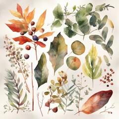 Watercolor different set of greenery botanical autumn foliage clipart isolated on white background. Generative AI.