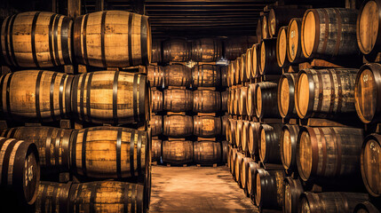Old whiskey barrels filled with whiskey. Place with vintage barrels for whiskey storage. Bourbon whiskey maturation concept. Realistic 3D illustration. Generative AI