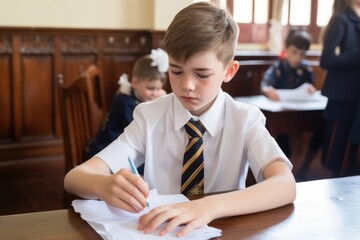 boy in boarding school with allergy, writing on hand - obrazy, fototapety, plakaty