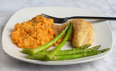 baked haddock  with asparagus and sweet  mashed sweet potato