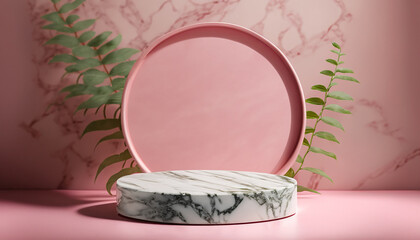 Pink Luxury beauty product podium stage and nature table, marble textured round podium, granite material neutral aesthetic interior scene for cosmetic product placement, 3d room with podium stone.