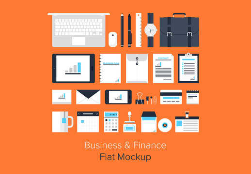 Vector collection of modern trendy flat business and office icons on orange background.
