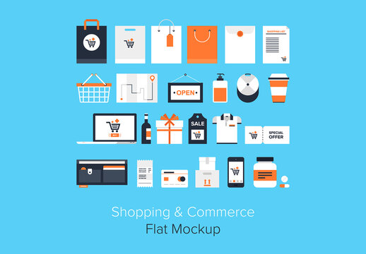 Flat vector design of shopping and retail concept isolated on blue background.