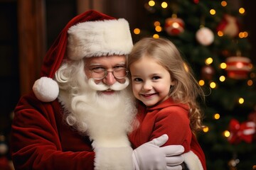 Fototapeta na wymiar Cute and ruddy Santa Claus holds a 4 year old kid in his arms. Generative AI