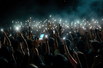 Fototapeta na wymiar A crowd of people at a live event, concert or party holding hands and smartphones up. Generative AI