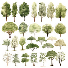 Set of different watercolor trees on white background. This collection can be used for wedding invitations, anniversary, birthday, postcards, greetings, cards, logos etc. Generative AI