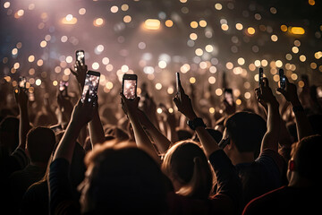 Fototapeta na wymiar A crowd of people at a live event, concert or party holding hands and smartphones up. Generative AI