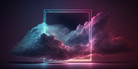 Pink neon light with clouds and frame. Abstract background. Generative AI