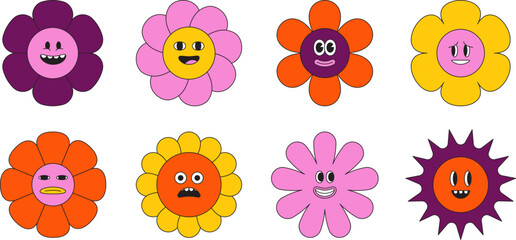 Fototapeta premium Vector illustration in simple naive and hippie groovy style - flowers and plants with smiling faces, stickers, posters, design templates, happy flowers prints