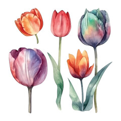 Fototapeta premium Tulip flowers watercolor paint collection