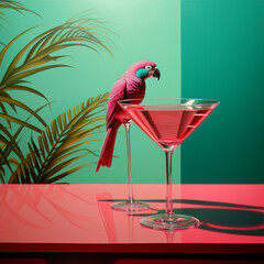 An aesthetic, surreal composition of pink cocktails and parrot decorations. Party and alcoholic drink concept in bright colors and minimal style. Generative AI.