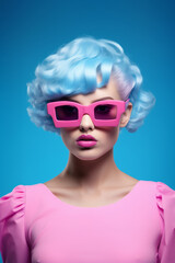 Beautiful woman with pastel blue hair and pink glasses. Fashion and beauty concept. Generative AI.