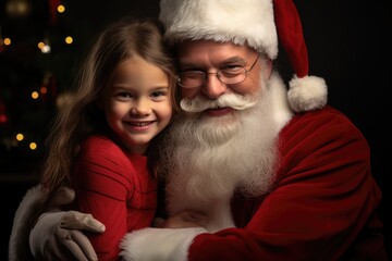 Obraz premium Cute and ruddy Santa Claus holds a 4 year old kid in his arms. Generative AI