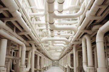 Obraz premium A very long hallway with lots of pipes. Digital image. High tech plumbing infrastructure.