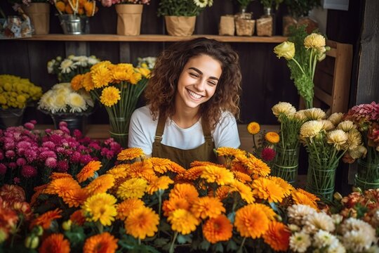 cropped image of a happy female florist working at her store