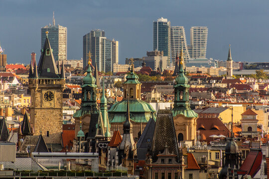 Old and new towers of Prague, Czech Republic