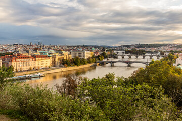 Fototapeta premium Aerial view of bridges over Vltava river in Prague, Czech Republic