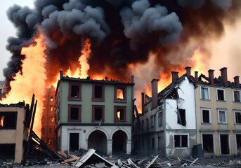 The destroyed city houses on fire during the war. Generative AI.
