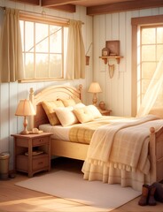 Light farmhouse bedroom interior background, 3d render 