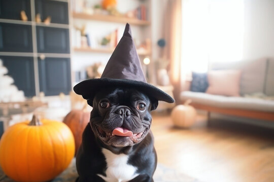French BullDog wearing Halloween witch hat, AI generative