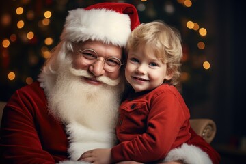 Fototapeta na wymiar Cute and ruddy Santa Claus holds a 4 year old kid in his arms. 