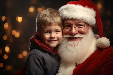 Fototapeta na wymiar Cute and ruddy Santa Claus holds a 4 year old kid in his arms. Generative AI