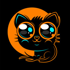 Cartoon cat wearing a purple witch hat and cloak. Halloween