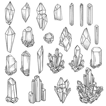 Set of geometric black outline crystals Vector illustration isolated on white background. Alternative medicine, magic, crystal healing, astrology