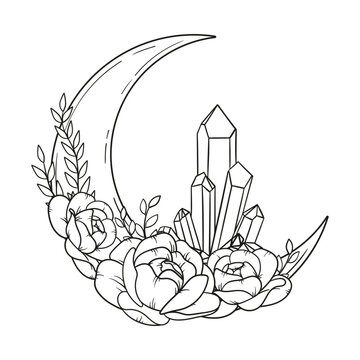 recommend clip art: Vector line art mystical celestial magic witchcraft elements. Esoteric crescent moon, crystal, peony rose, stars, leaves, line art.