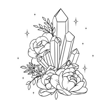 recommend clip art: Vector line art mystical celestial magic witchcraft elements. Esoteric crystals, peony roses, stars, leaves, line art.