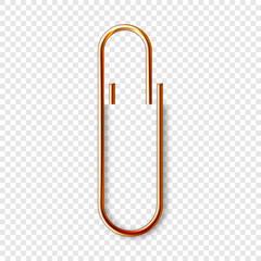 Realistic copper paperclip attached to paper isolated on white background. Shiny metal paper clip, page holder, binder. Workplace office supplies. Vector illustration
