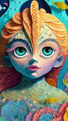 A portrait of Generative AI fantasy mermaid girl mobile phone wallpaper