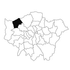 Map of Harrow in Greater London province on white background. single County map highlighted by black colour on Greater London, England administrative map.