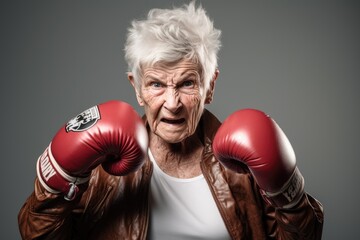 Strong and funny boxer elderly woman is fighting.  - obrazy, fototapety, plakaty